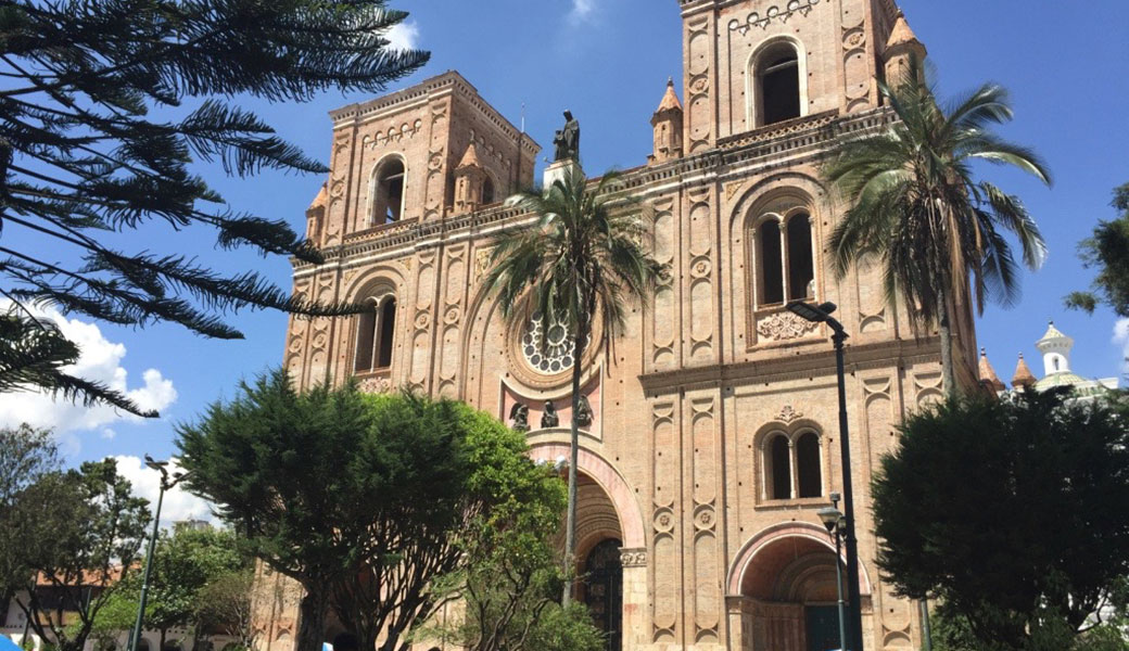 Twin towers of Cuenca's new Cathedral with arched and round windows and the trees of Parque Calderon in front of it